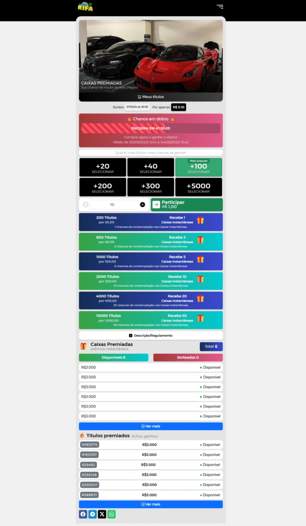 Script Rifa Premium PHP v18 – Com Caixas Premiadas, Roletas, Raspadinhas, Chance em Dobro e Maior/Menor cota
